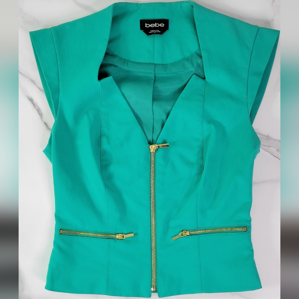 Bebe Structured V-Neck Vest Top With Gold Zippers & Functional Pockets - SIZE 0 - Picture 2 of 13